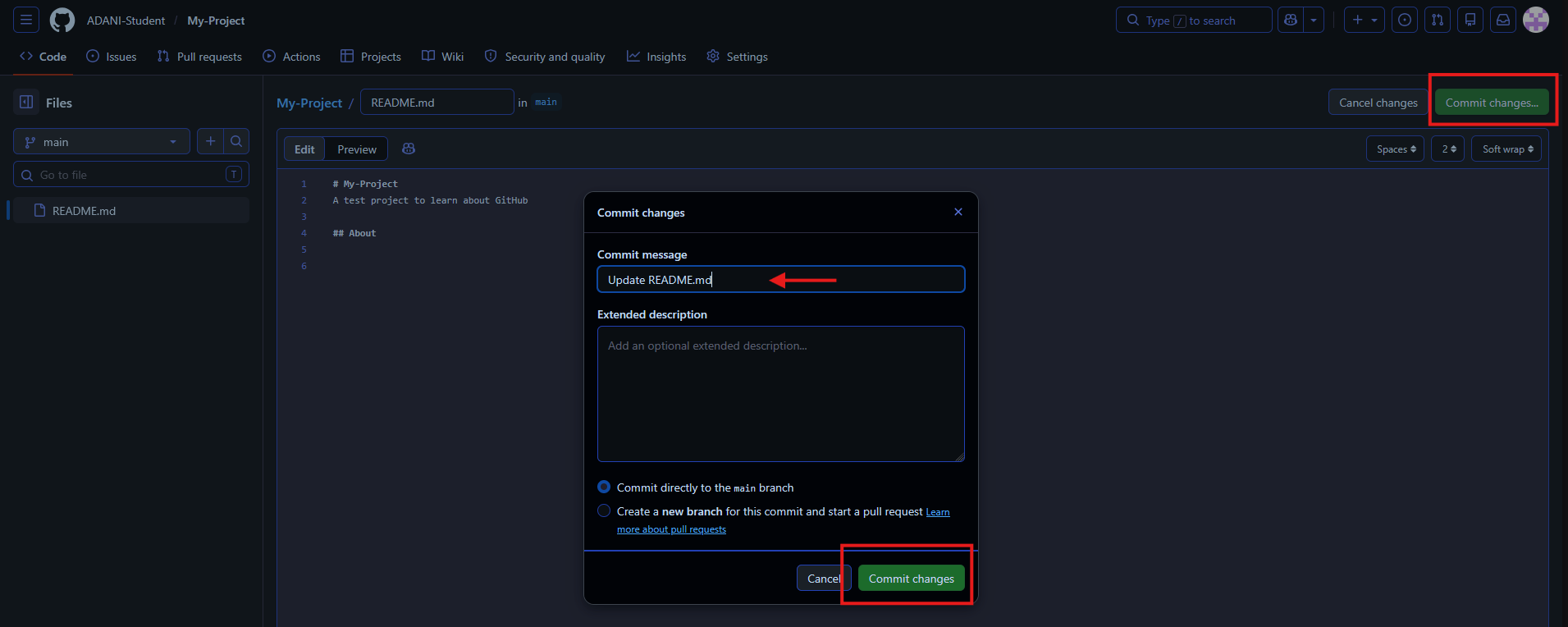 screenshot of the commit menu