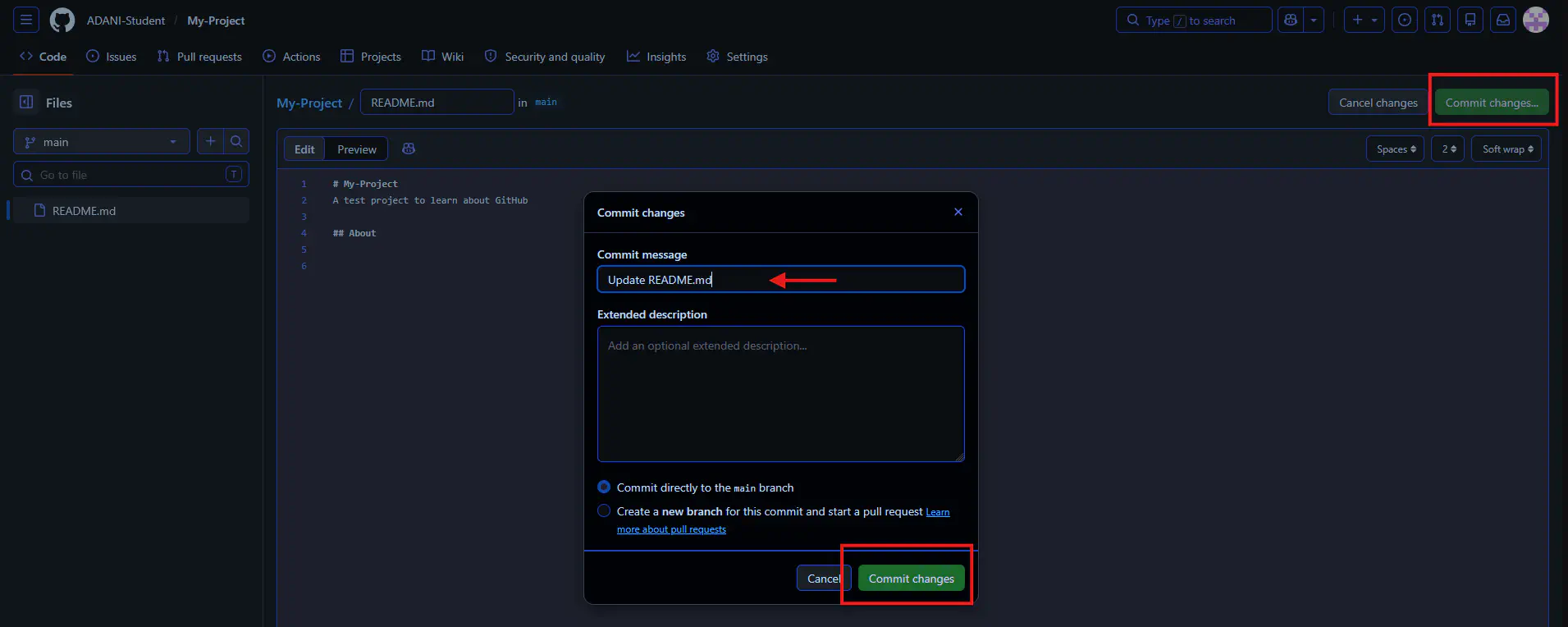 screenshot of the commit menu