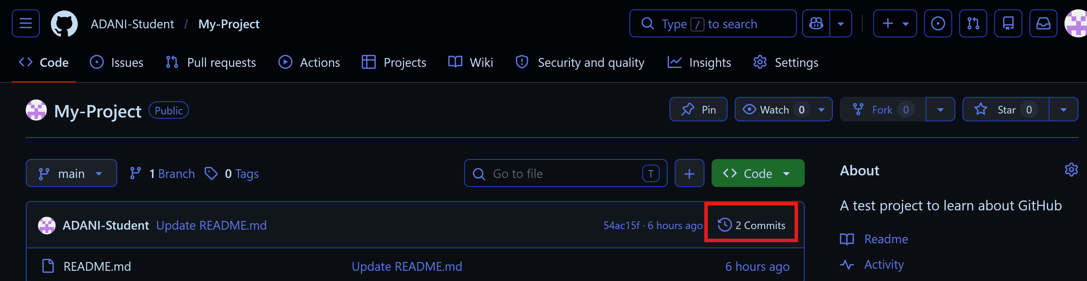 screenshot for the commit history button