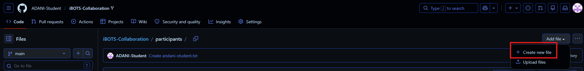 screenshot for the create file menu option