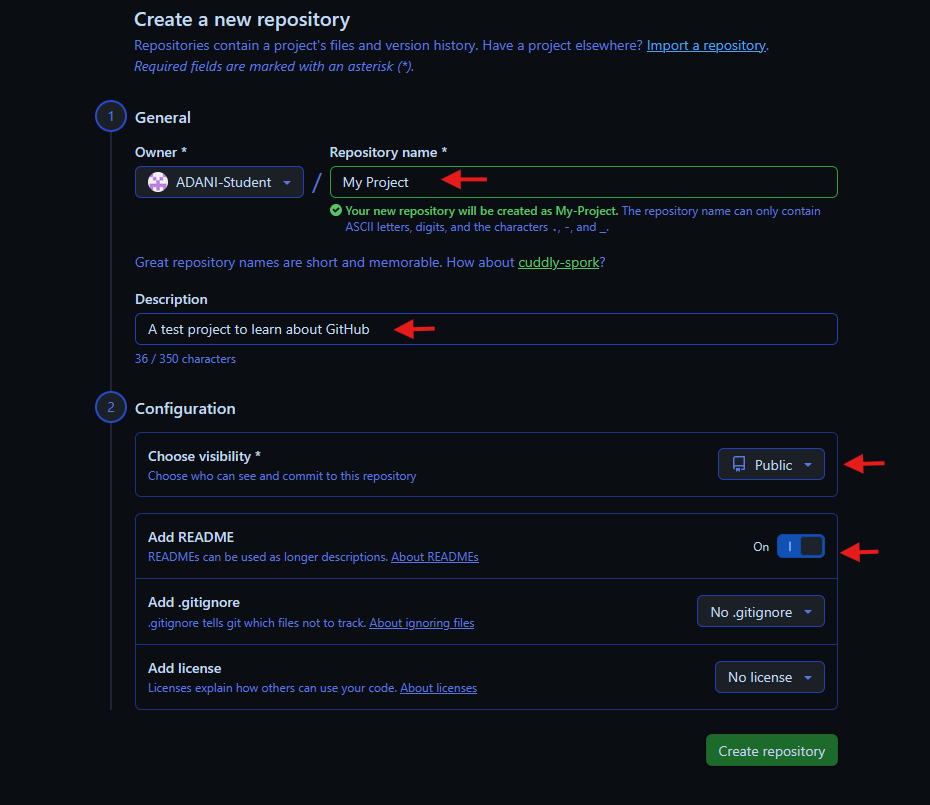 screenshot for the new repository configuration