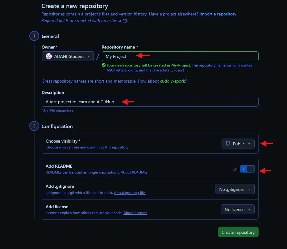 screenshot for the new repository configuration