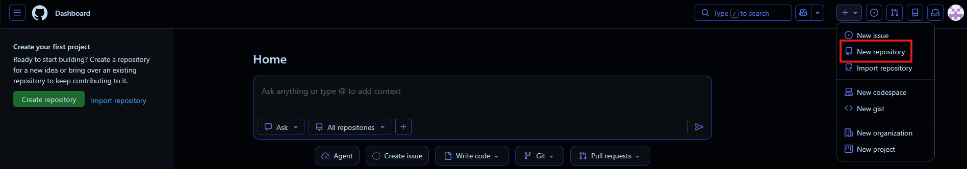 screenshot for the new repository menu option