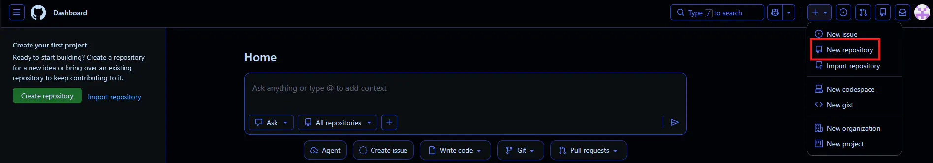 screenshot for the new repository menu option