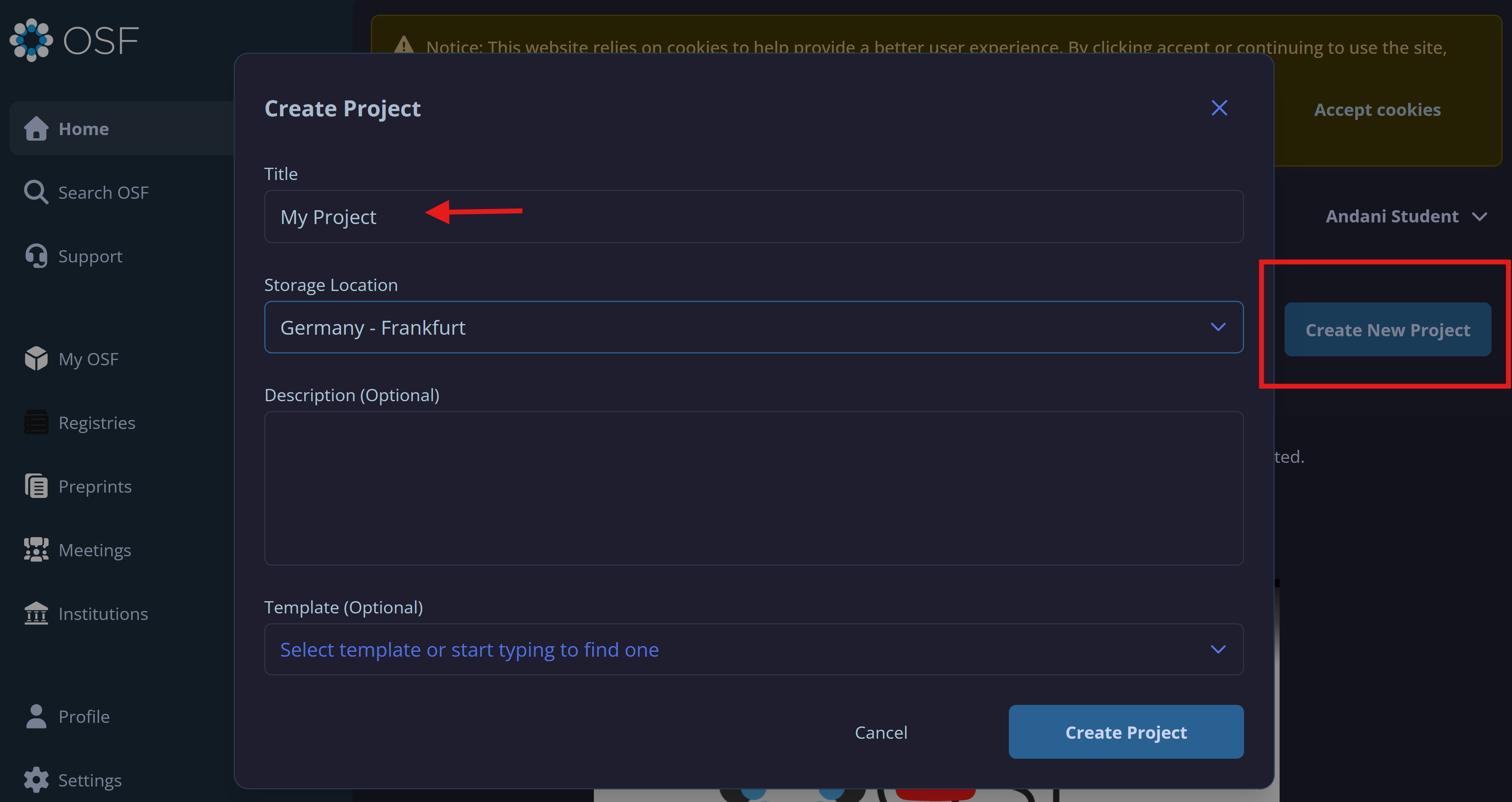 screenshot for creating an OSF project