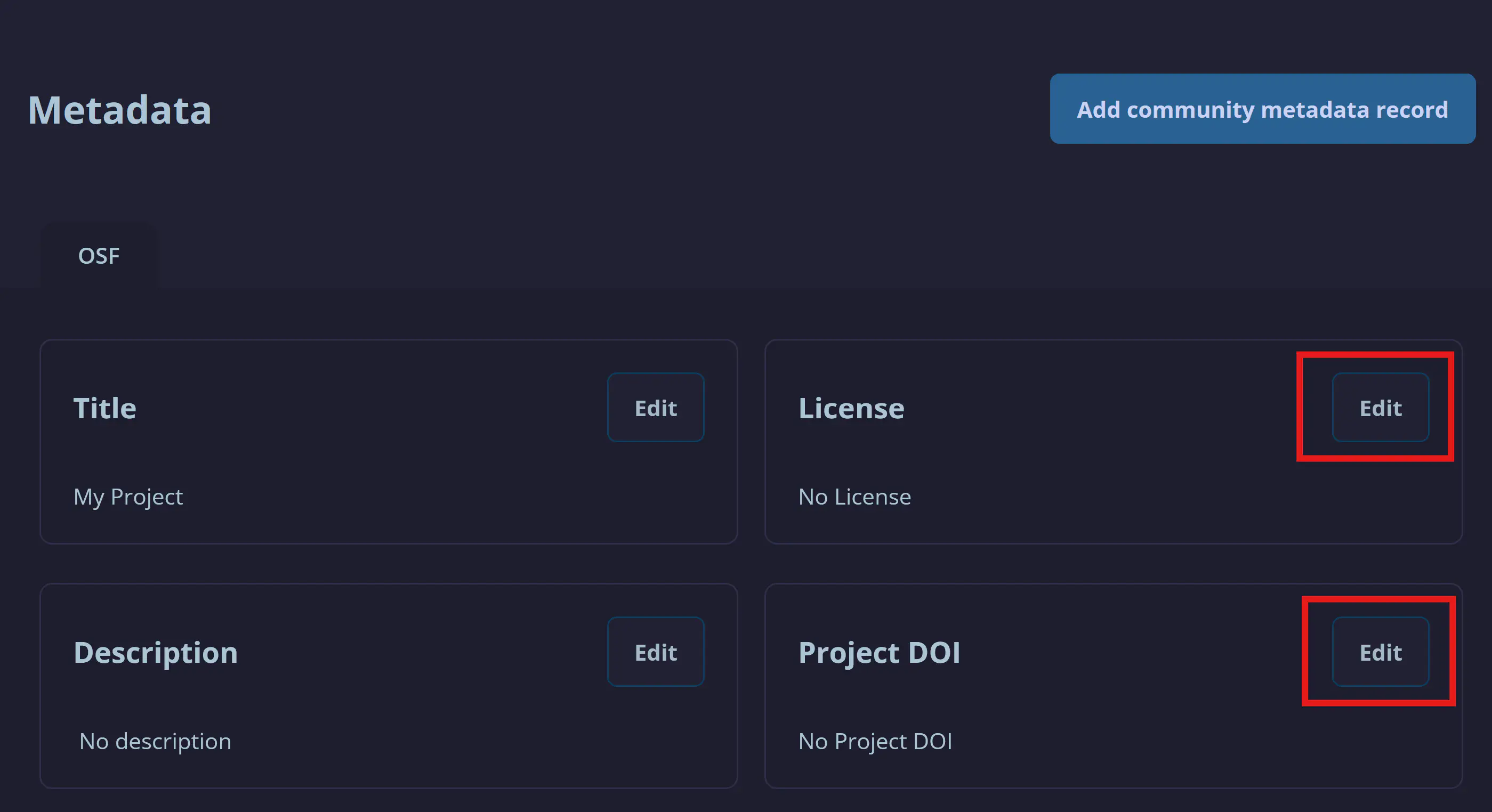 screenshot for adding license and DOI