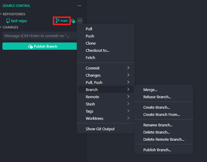 screenshot of VSCode branch menu