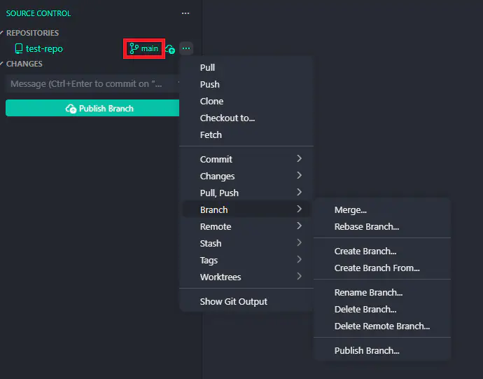screenshot of VSCode branch menu